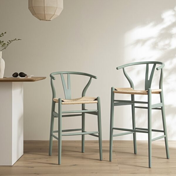 Hansel Wooden Natural Weave Bar Stool, Sage Green Frame